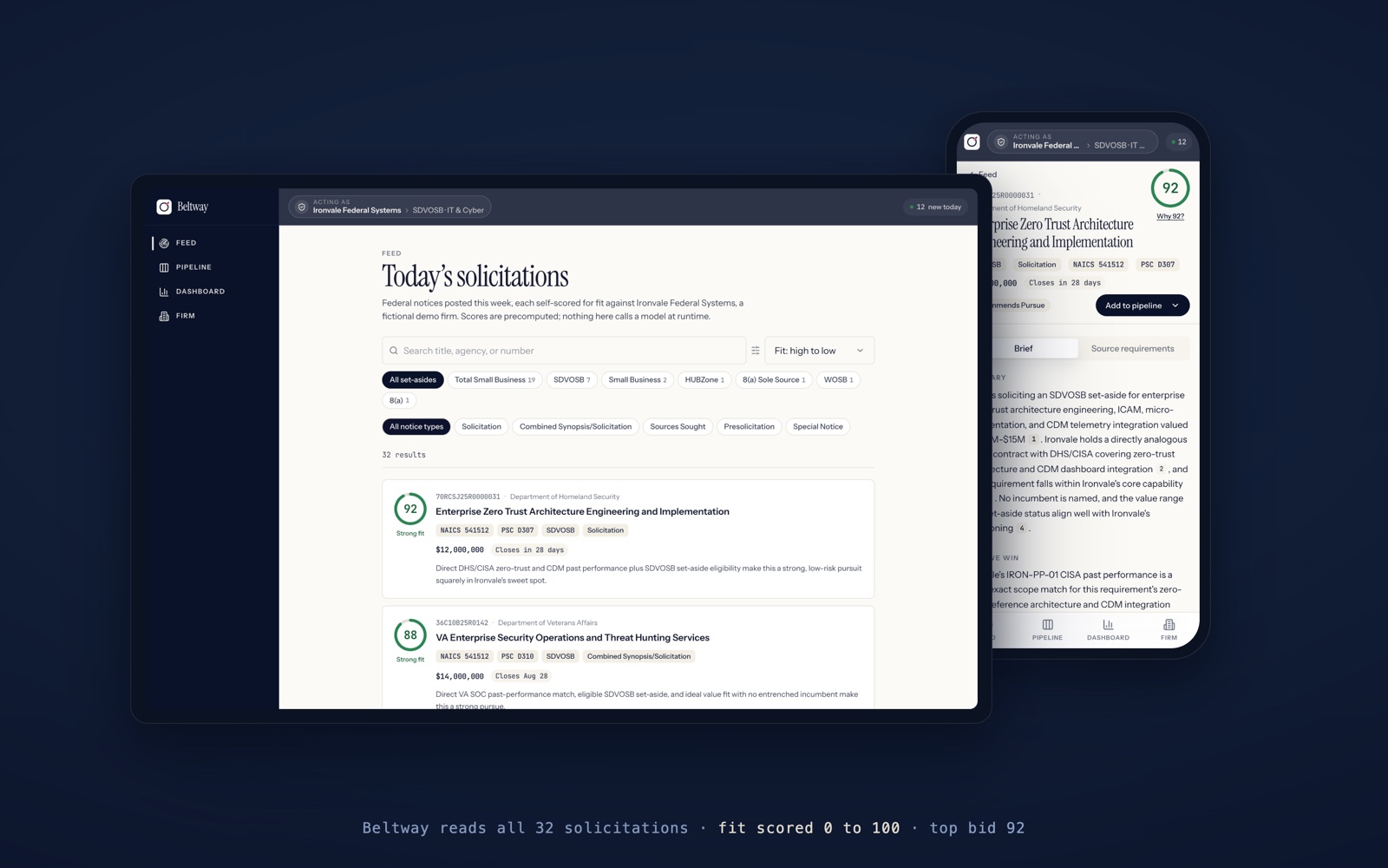 The Beltway product on desktop and phone: navy chrome, beige canvas, the morning feed on one screen and a capture brief on the other