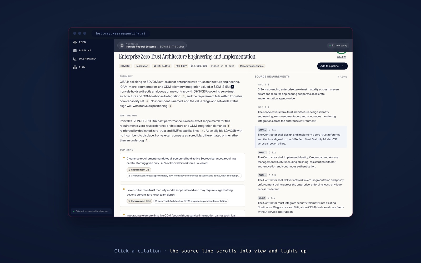 A clicked citation in a Beltway capture brief scrolling the source panel to the requirement line and highlighting it