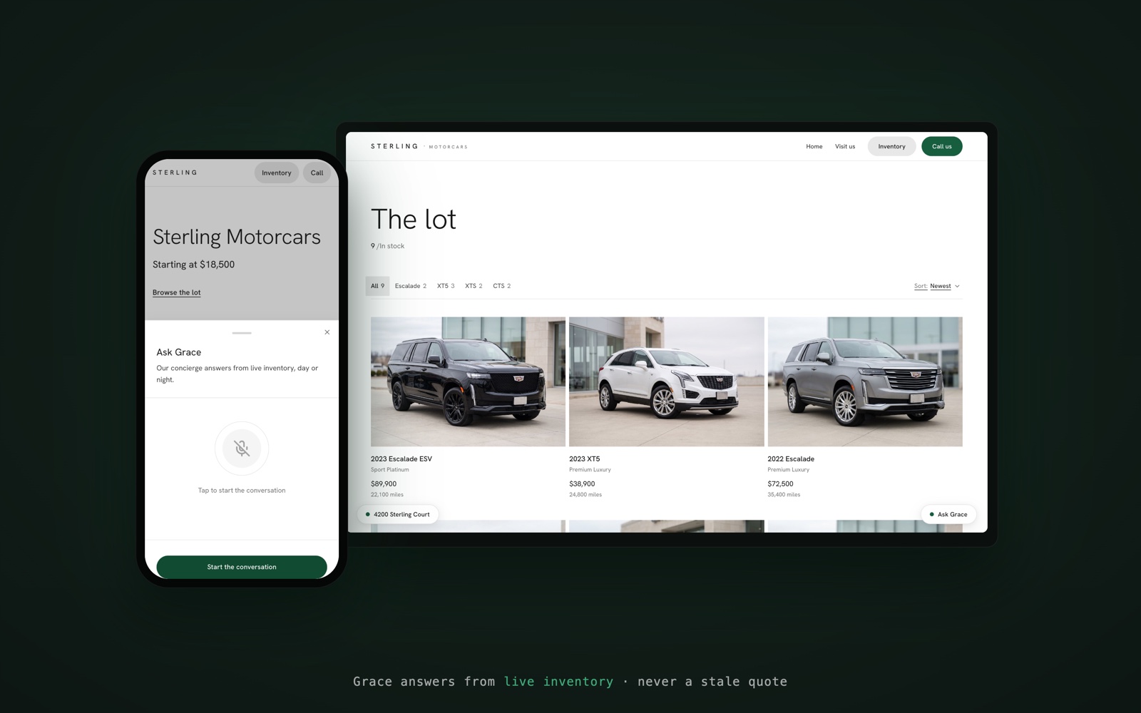 The voice concierge answering from live inventory on the DealerFlow storefront