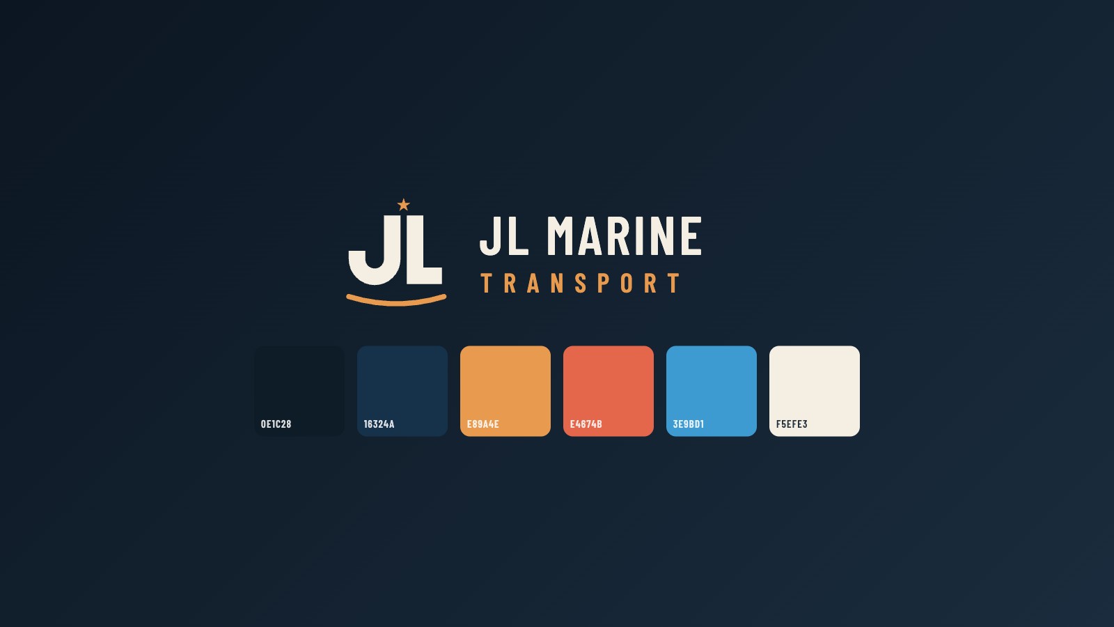 The JL Marine Transport brand system: the tow-hook J monogram with Texas star and hull line, over a six-color palette