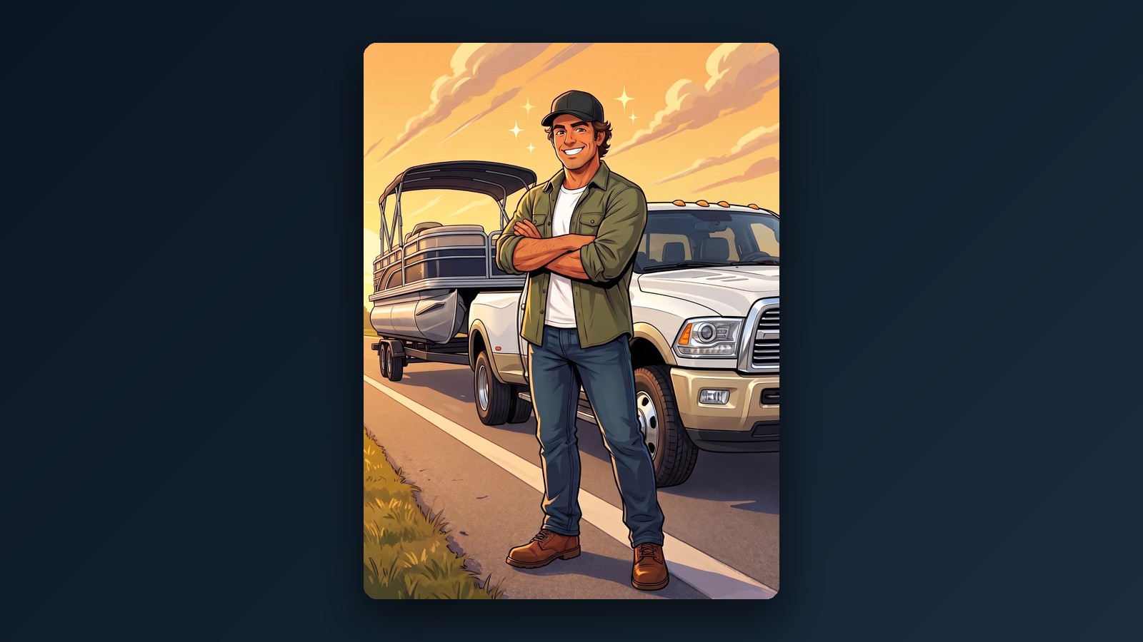 The illustrated driver: an artist's rendition of Jim standing in front of the truck and pontoon at sunset