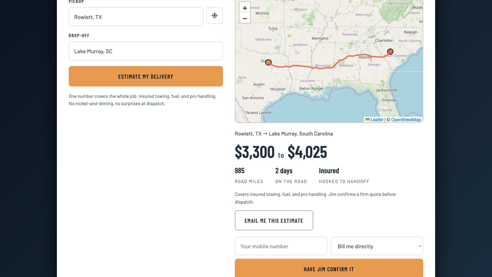 The instant estimator: Rowlett, Texas to Lake Murray, South Carolina, routed on the map and priced as one honest range