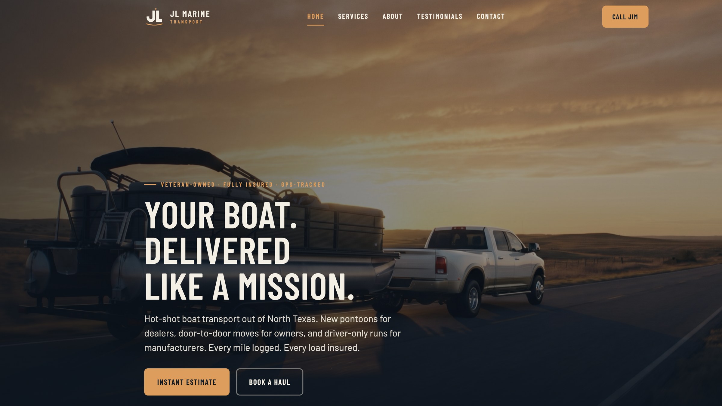 The JL Marine Transport homepage: the truck towing a pontoon at sunset under the headline Your Boat, Delivered Like a Mission