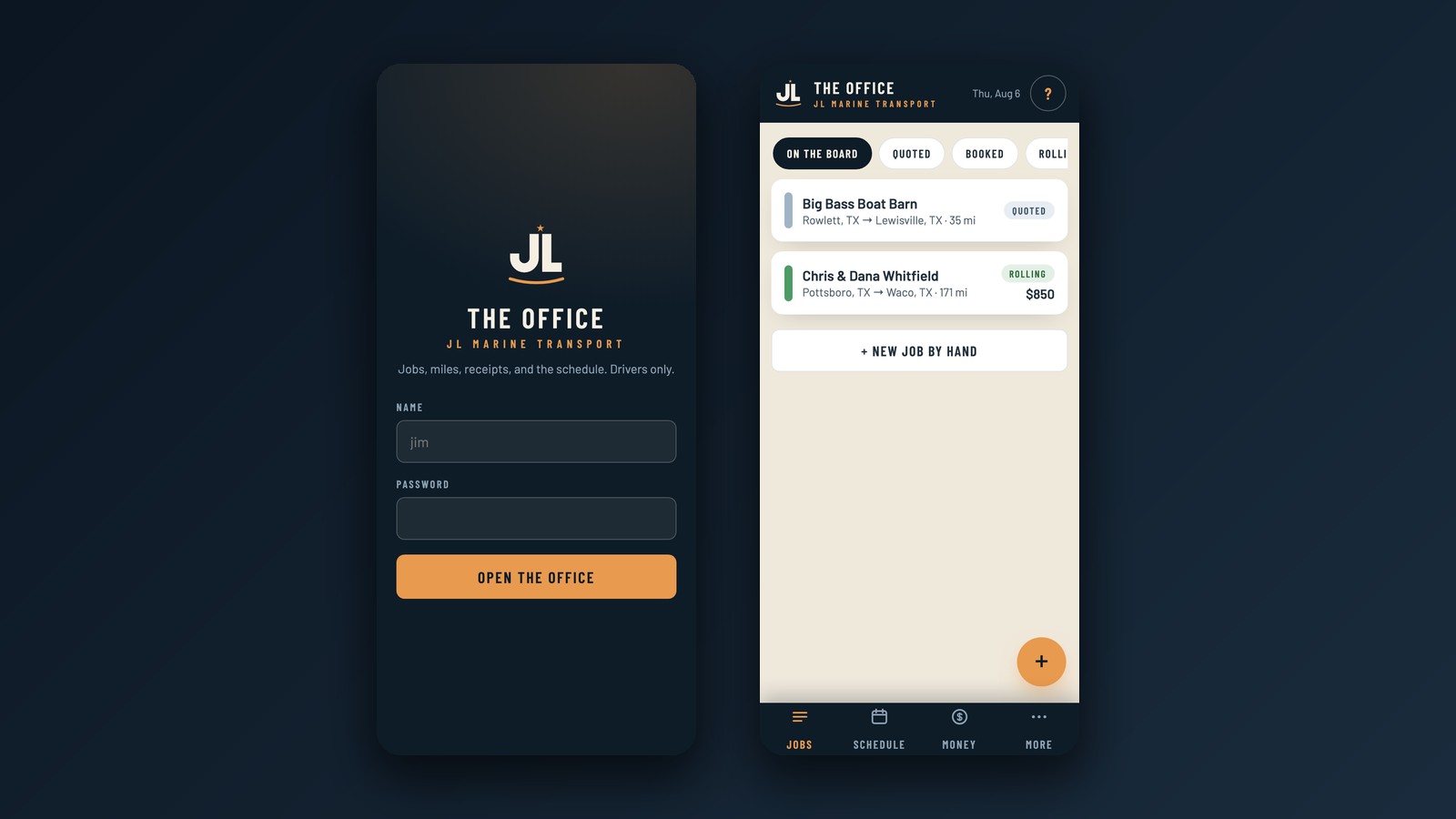 The Office: the branded drivers-only login beside the jobs board with quoted and rolling hauls