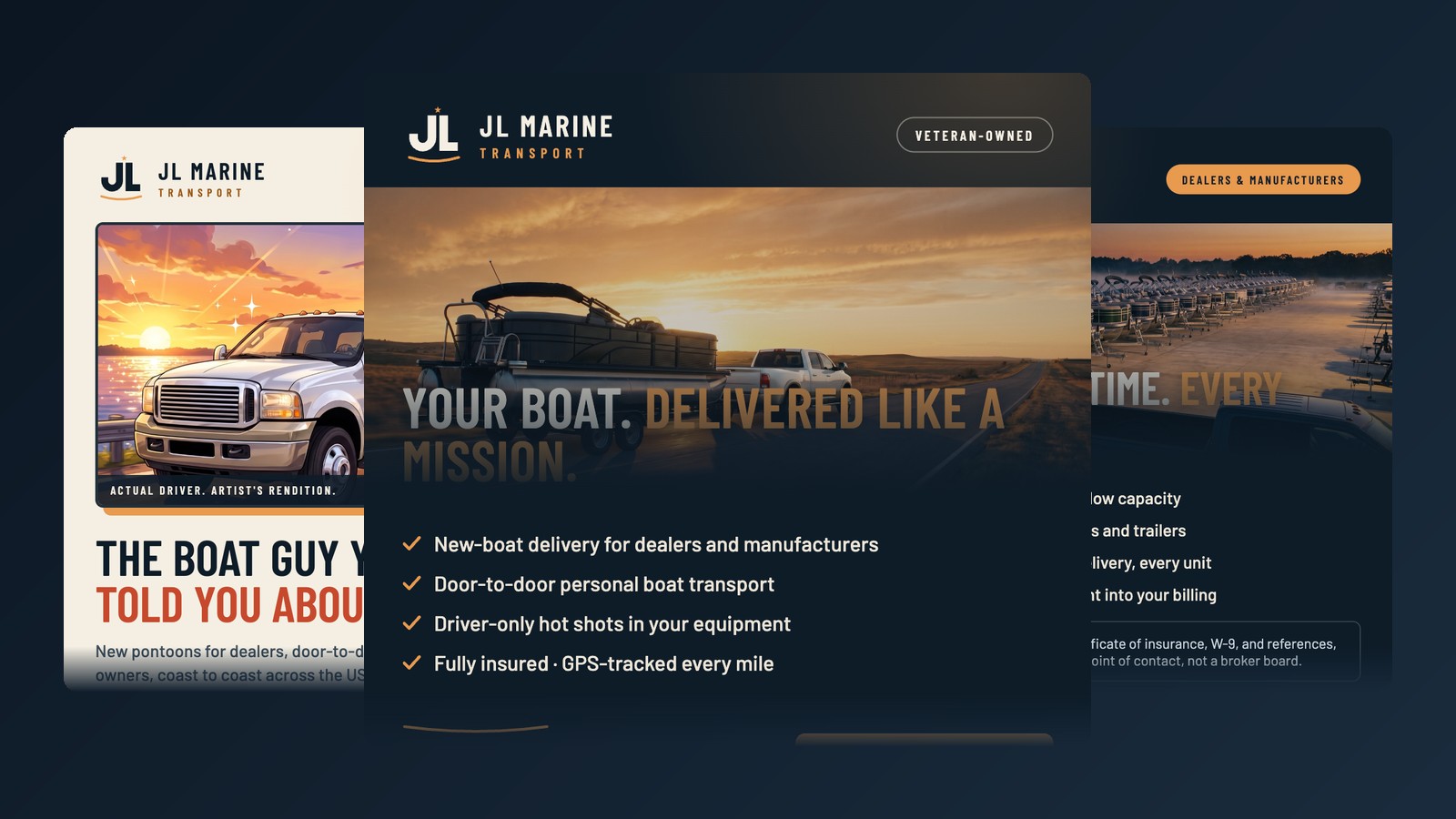 Three JL Marine Transport Facebook flyers: the boat guy flyer, the hero flyer, and the dealers and manufacturers flyer