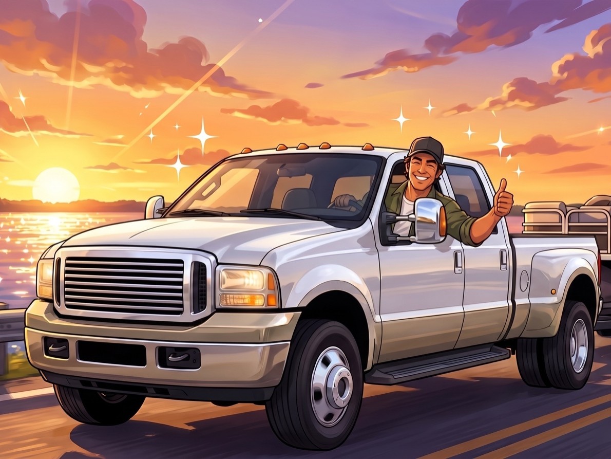 The illustrated driver giving a thumbs up from the truck at sunset by the water