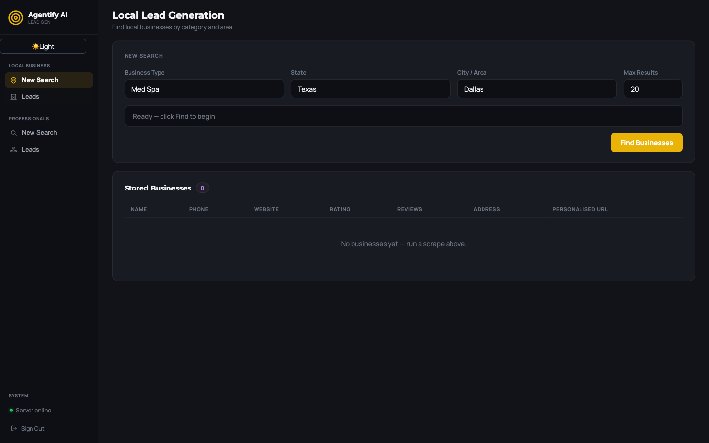 Lead Gen dashboard showing business type, state, and city inputs with automated prospect results