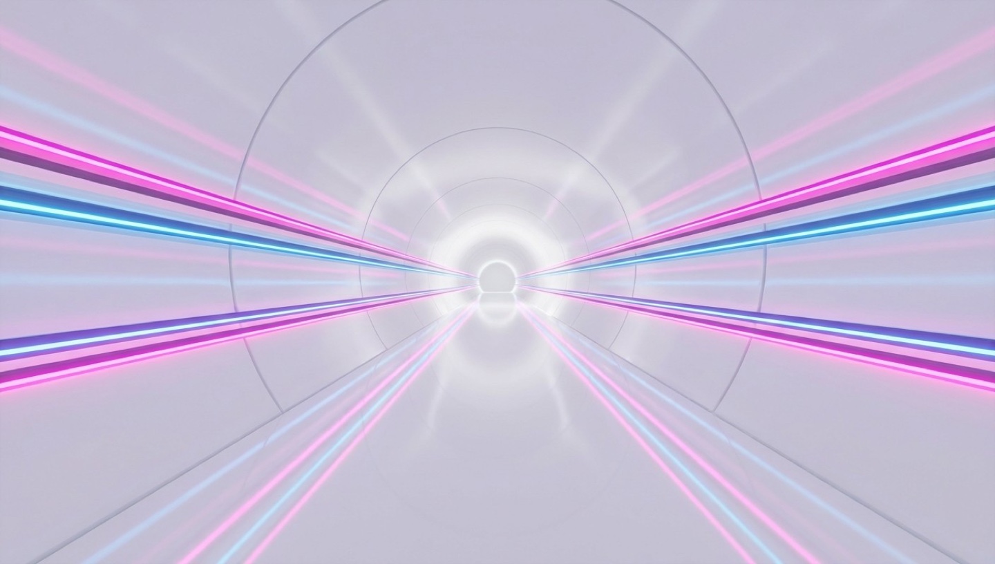 Poster frame of the Loop ride film: a seamless white tunnel lit in pink and blue neon