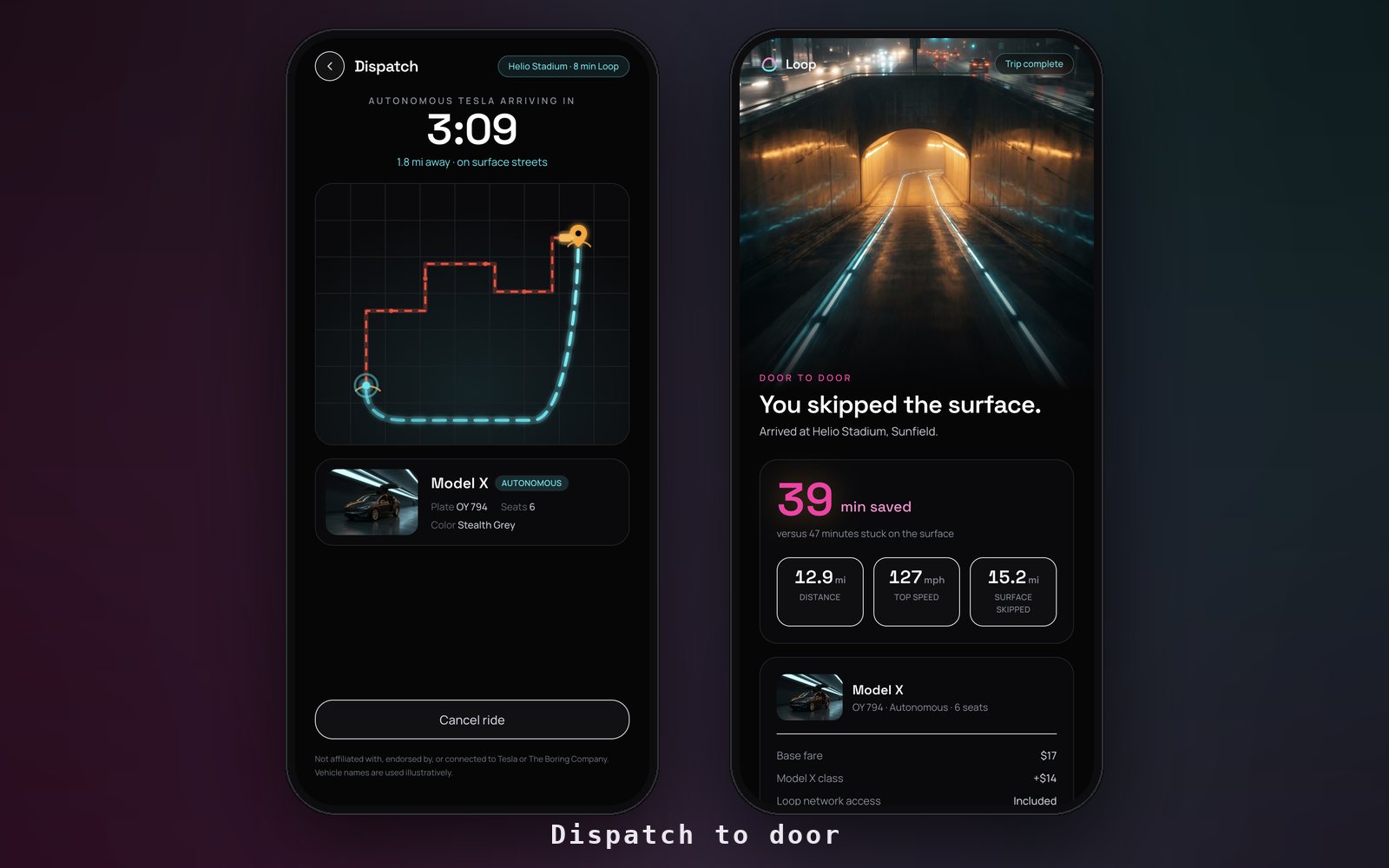The Loop dispatch screen: an autonomous car approaching the rider's pin on a neon map with arrival counting down