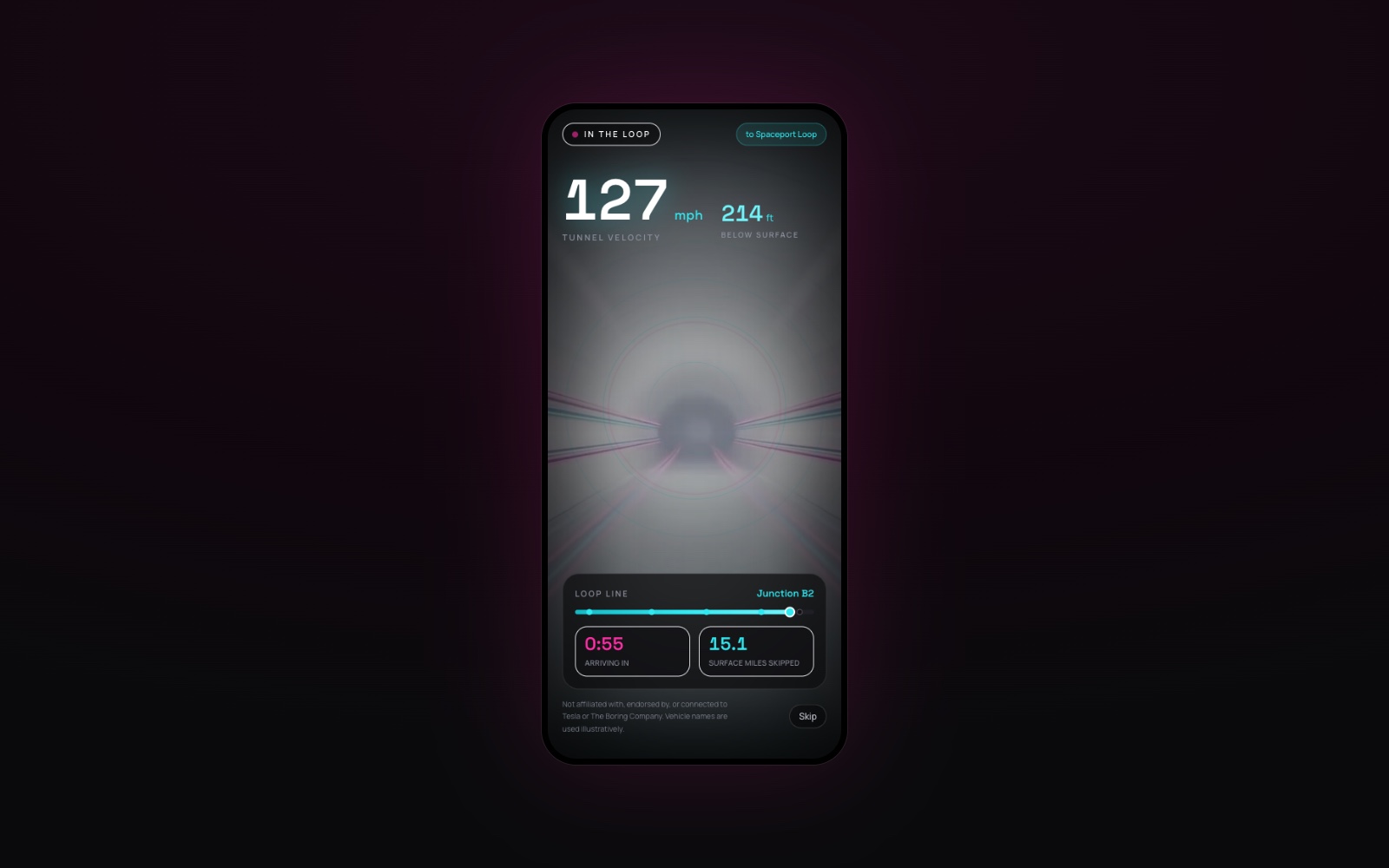 The Loop ride moment: a seamless white tunnel streaking past in pink and blue neon as the speed climbs to warp