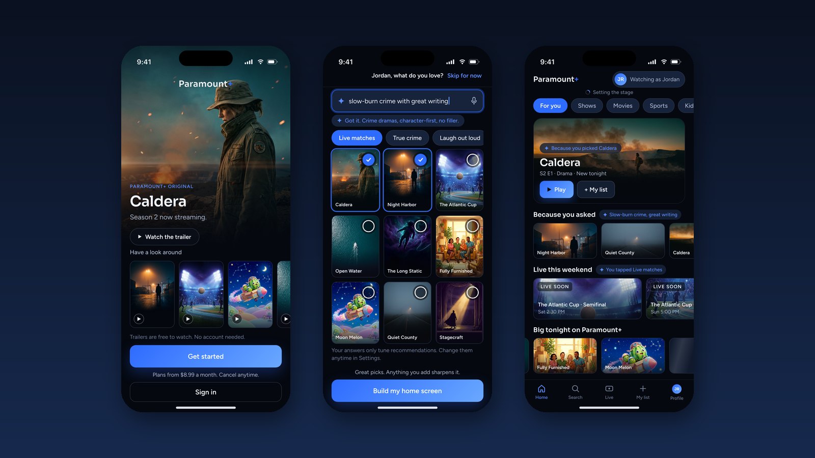 Paramount+ onboarding concept: the welcome, the adaptive taste step, and a first home screen that names its reasons