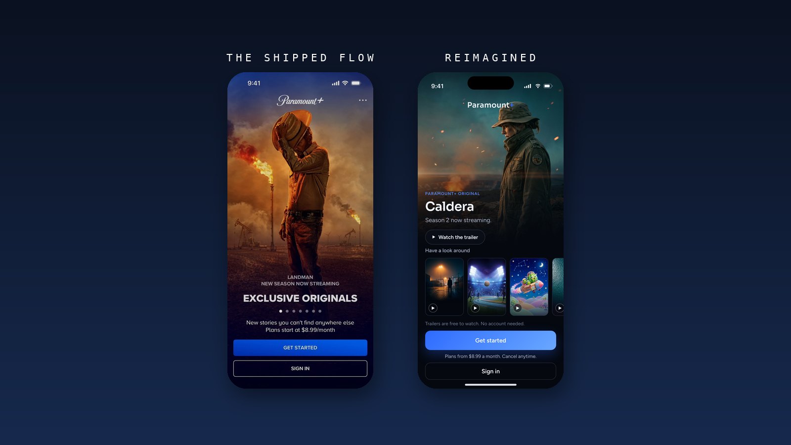 Shipped welcome screen beside the concept welcome, where trailers play before any account exists