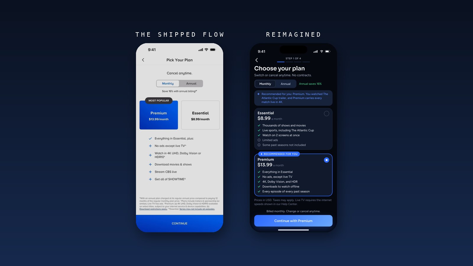 Shipped plan screen with a preselected Most Popular tier beside the concept's symmetric plan comparison