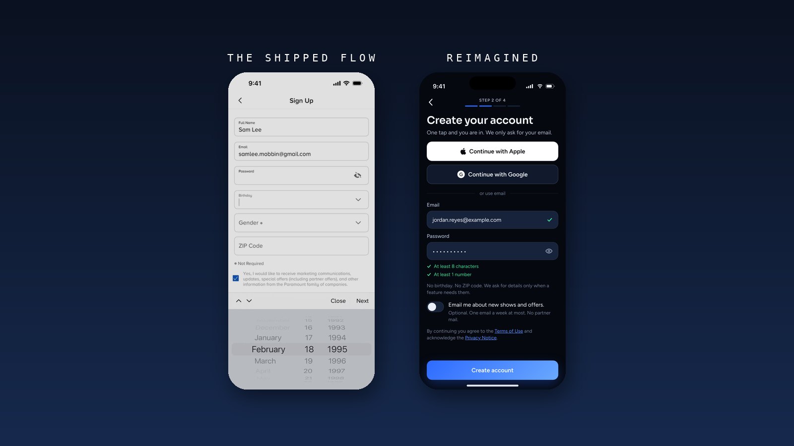 Shipped six-field signup form and birthday wheel beside the concept's one-tap passkey account
