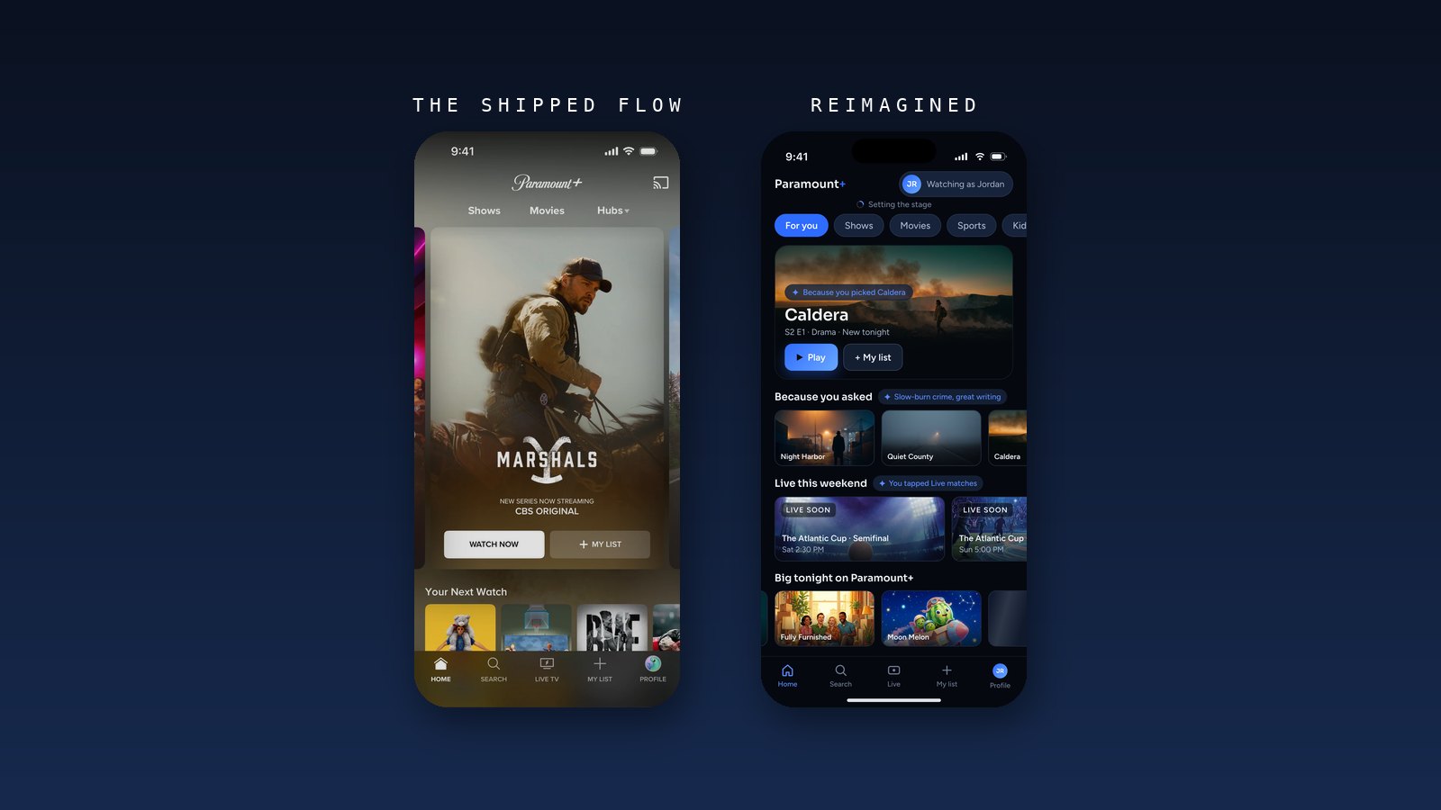 Shipped generic home screen beside the concept home where each row names the reason it was chosen