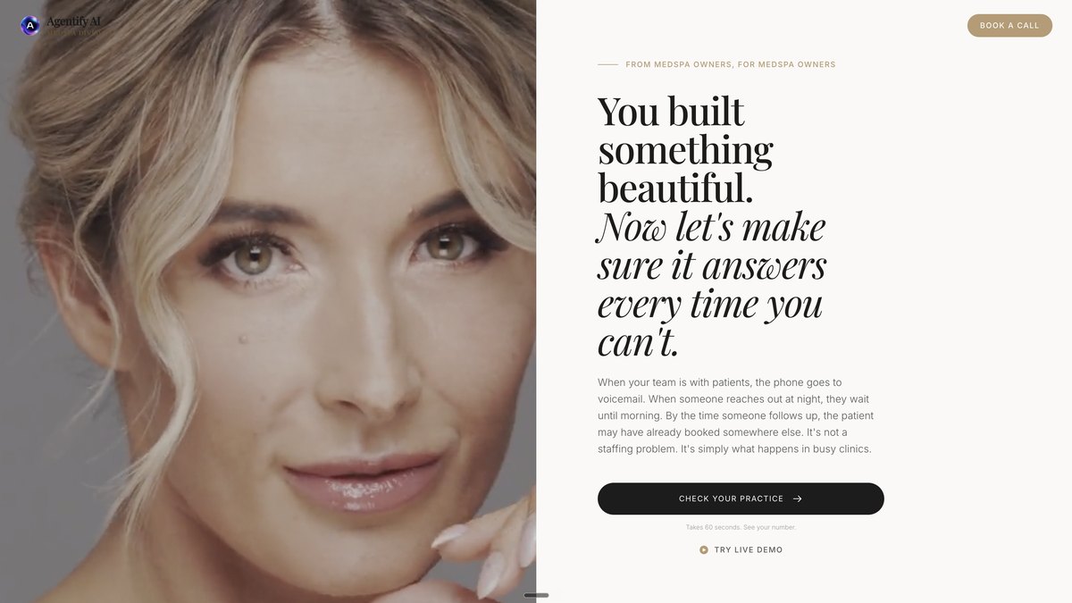 The MedSpa division of the Agentify AI platform: a quiet-luxury funnel with a live voice demo