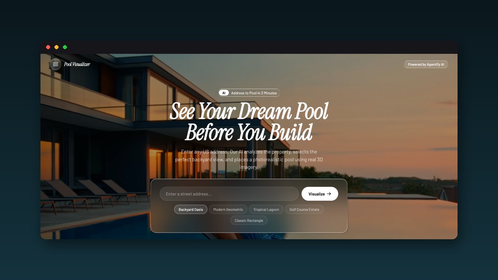 The Pool Visualizer product interface: an address field above the finished before-and-after render