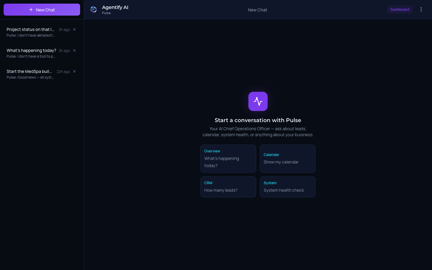 Pulse chat interface pulling live data from CRM, calendar, Stripe, and connected systems