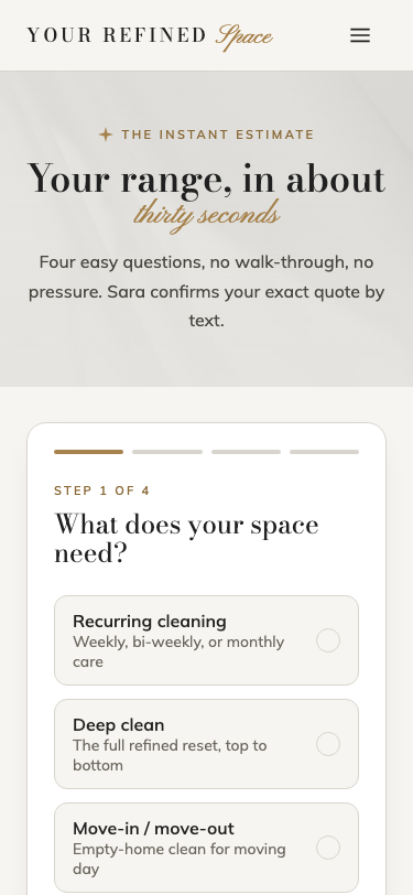 The instant estimate on a phone: rooms chosen and a priced range shown from the studio's published rates