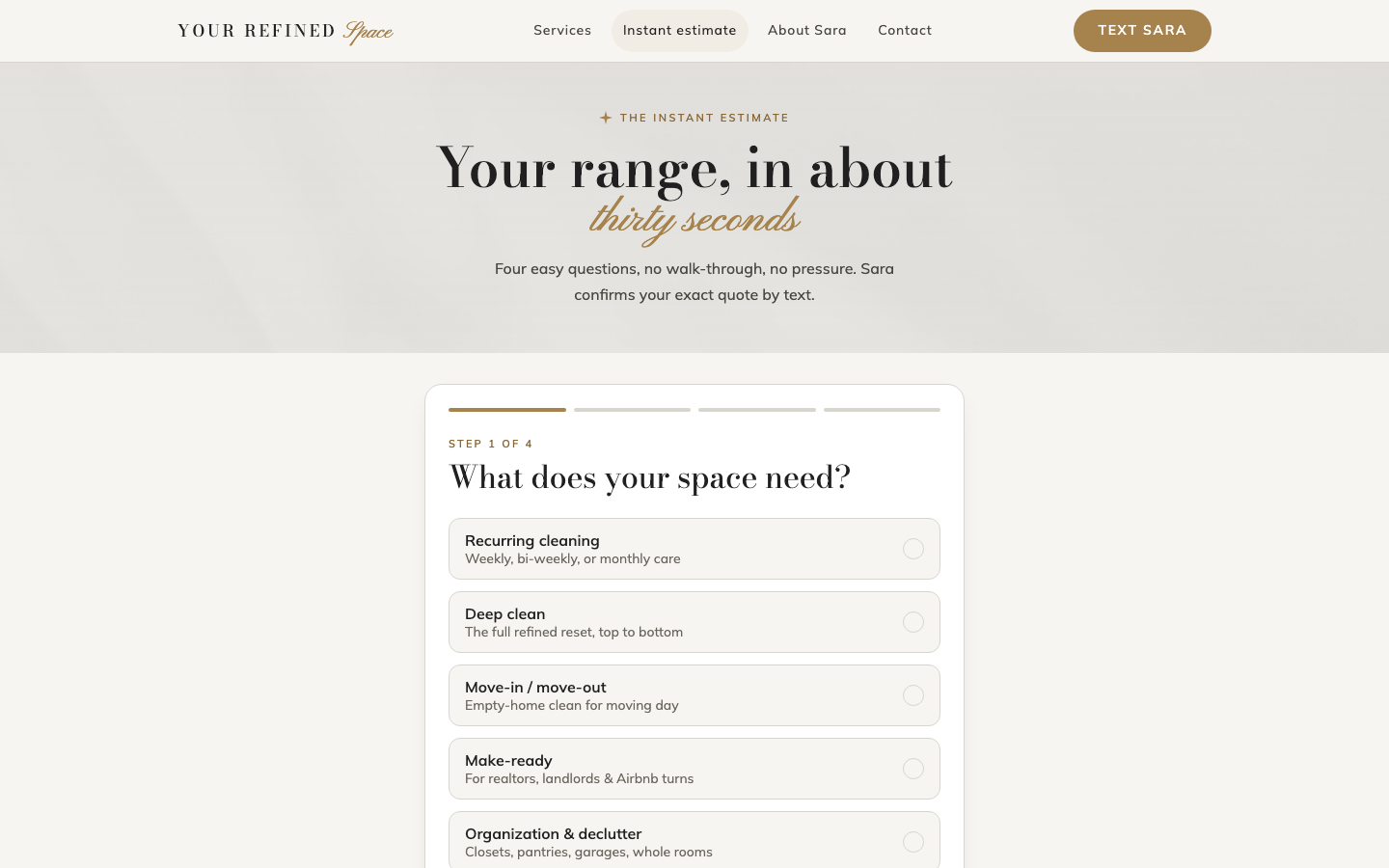 The instant estimate wizard on desktop: rooms and add-ons chosen, a priced range shown beside the studio's published rates