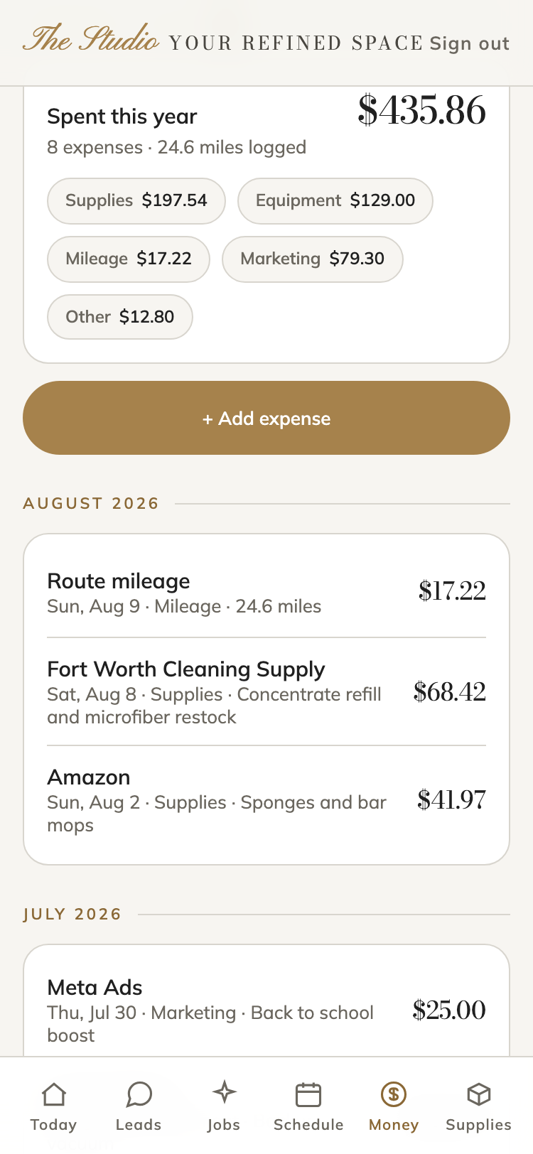 The Studio's Money tab on a phone: yearly expense total, category chips for supplies, equipment, mileage, and marketing, and a month-grouped expense ledger