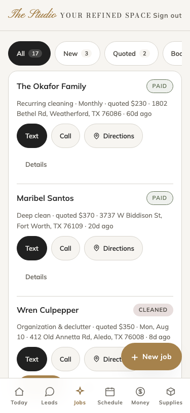 The Studio's job pipeline on a phone: cards moving from new through quoted, booked, cleaned, and paid