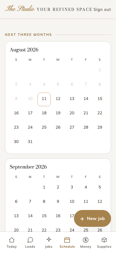 The Studio's schedule on a phone: a three-month calendar with booked days marked