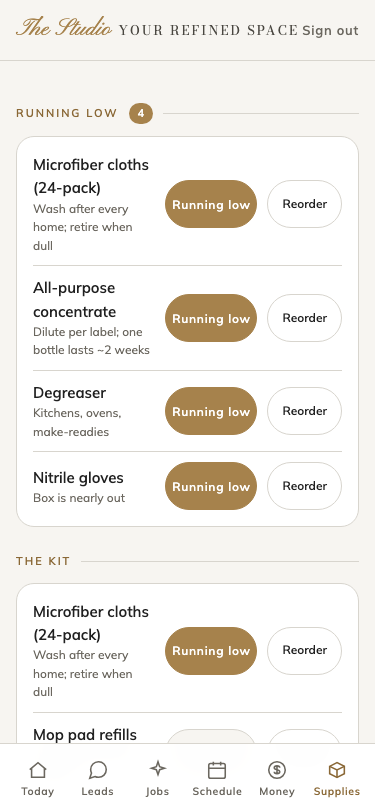 The Studio's supplies kit on a phone: kit items with running-low toggles and reorder links