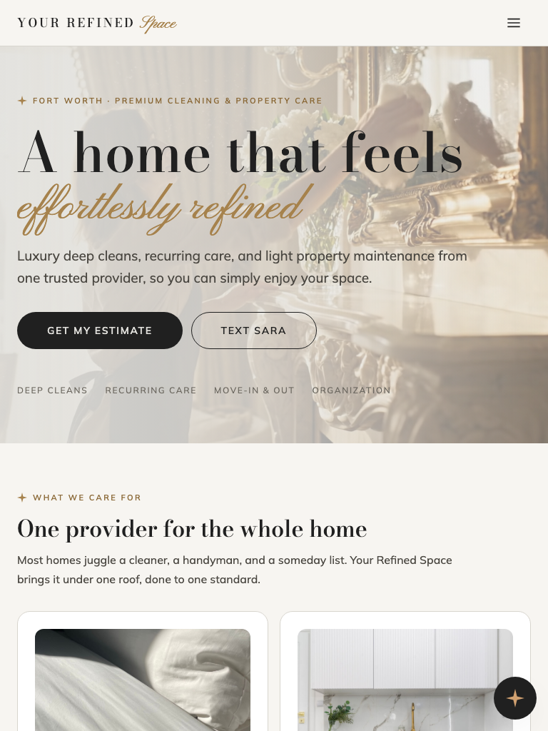 The same Your Refined Space page at tablet width, the layout carrying cleanly to a narrower screen