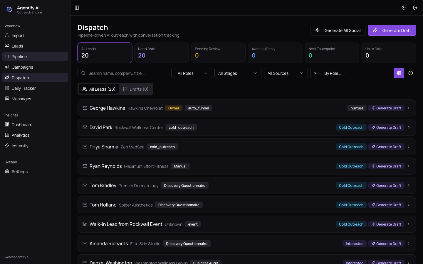 Dispatch AI drafting personalized messages for every lead at every stage across LinkedIn, email, and Instagram