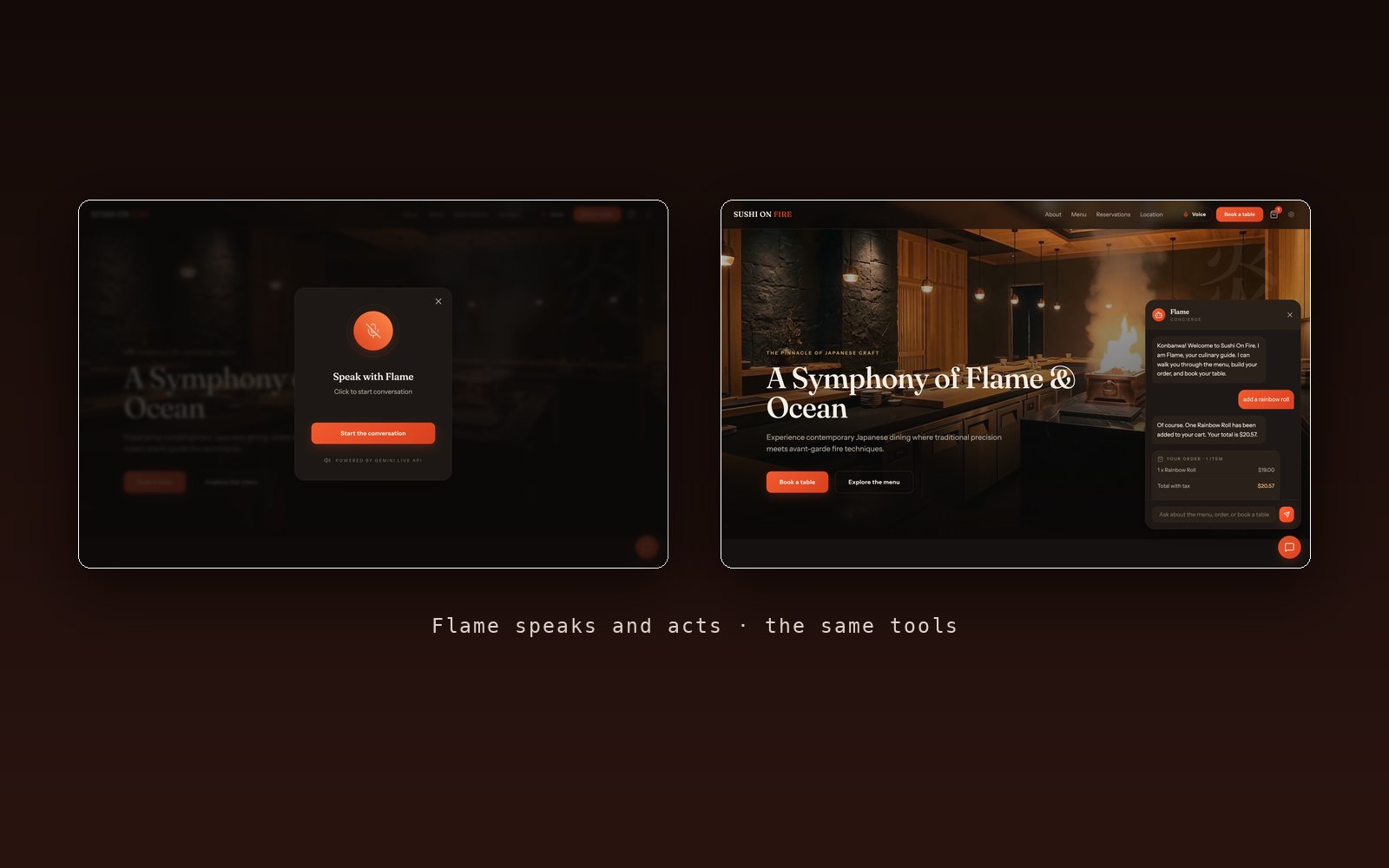 Flame the voice concierge and the text chatbot side by side, both acting on the same cart through the same function tools