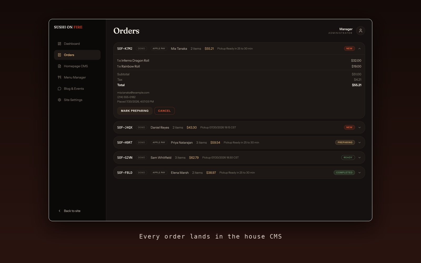 The Sushi On Fire owner admin in the browser, showing orders and reservations as they arrive