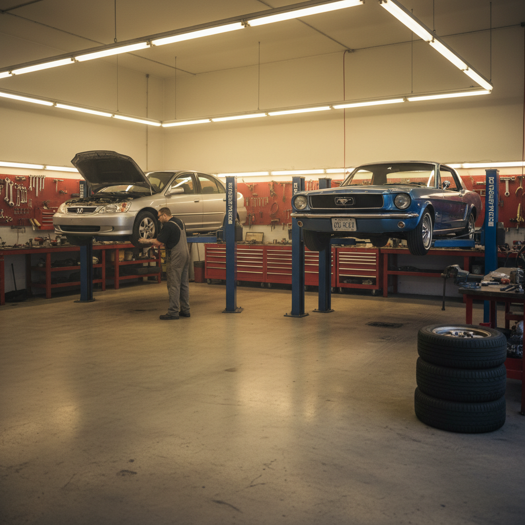 Clean auto repair shop interior with cars on lifts